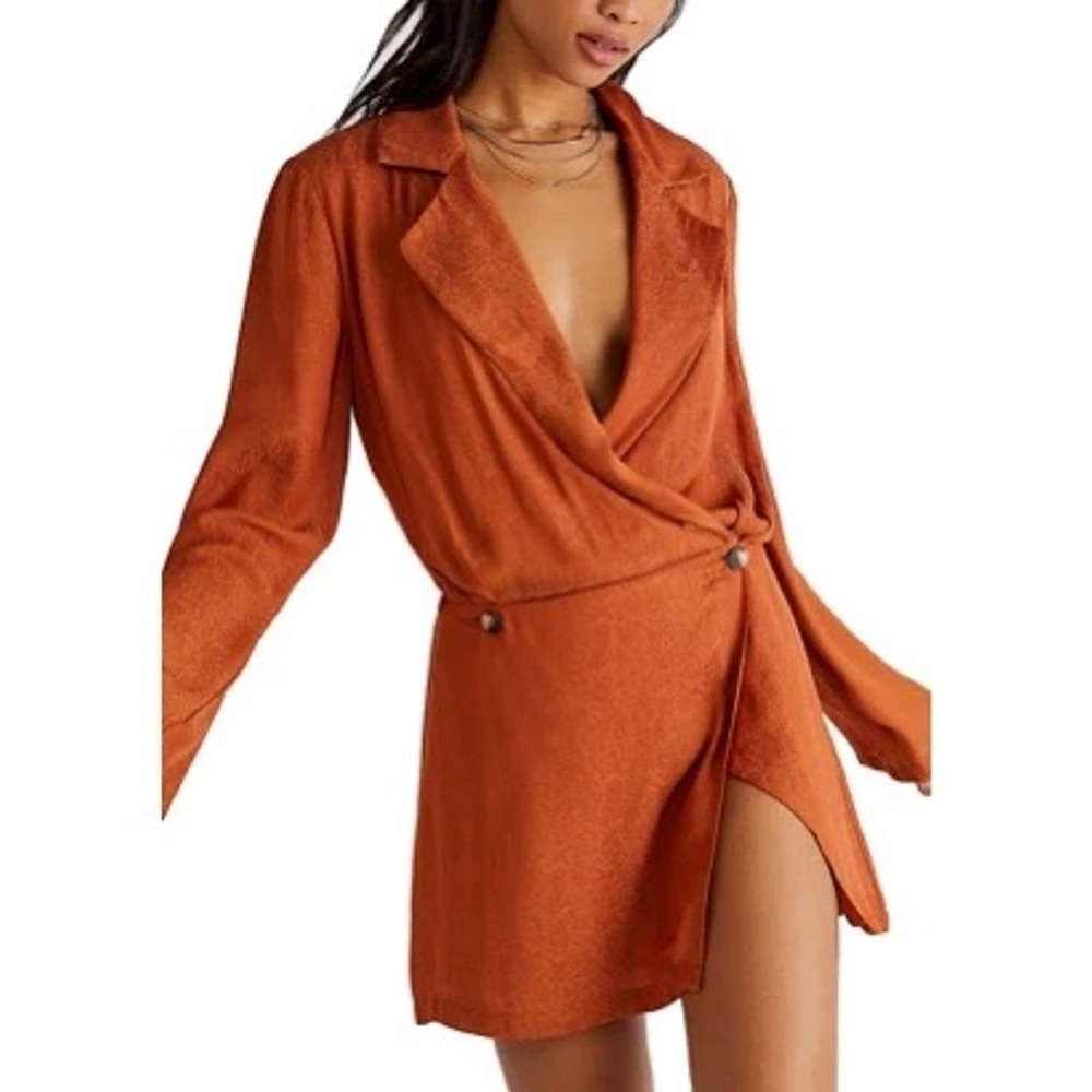 Free People Simone Notch Lapel Snakeskin Blazer Brown Mini Dress Size Medium